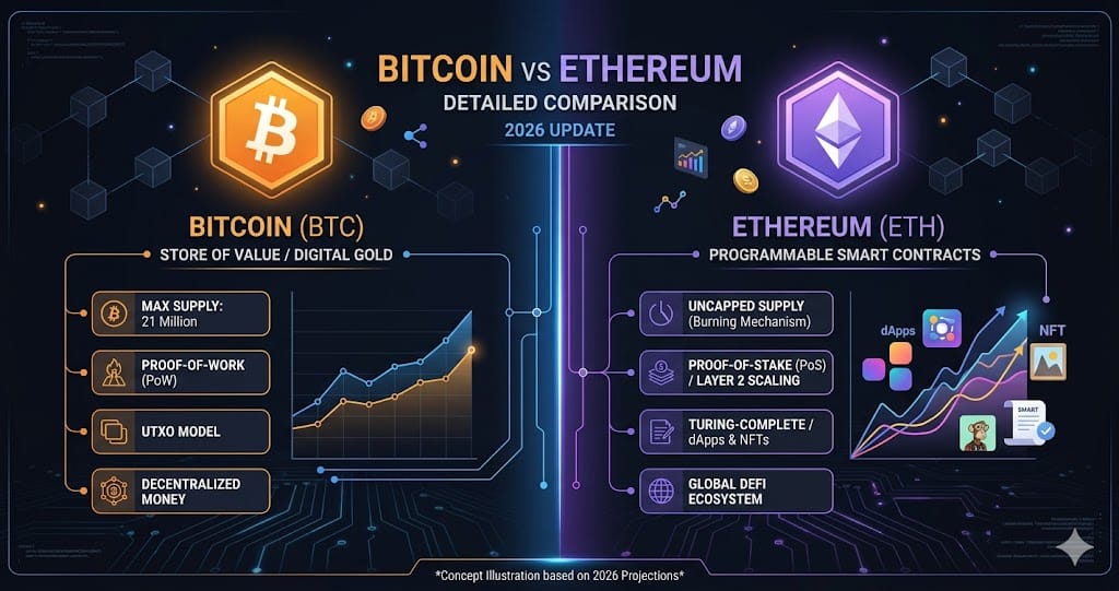Bitcoin vs Ethereum Detailed Comparison 2026