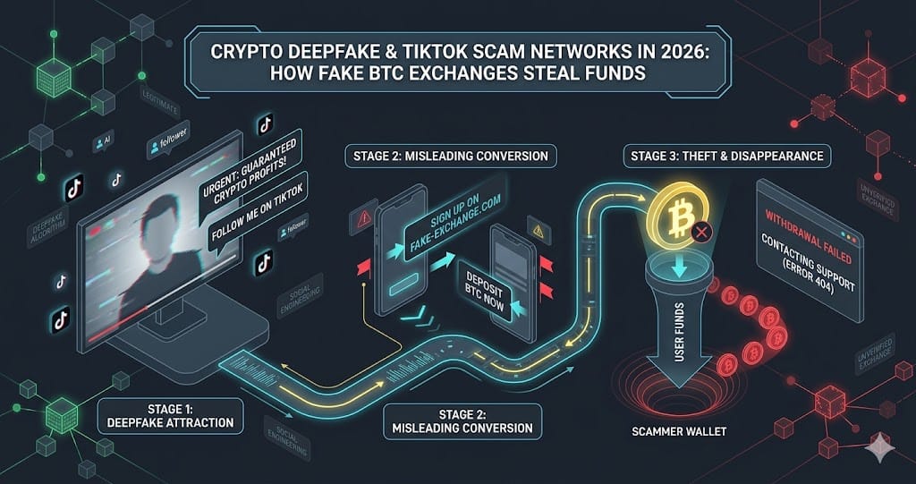 Crypto Deepfake TikTok Scam Networks in 2026 How Fake BTC Exchanges Steal Funds