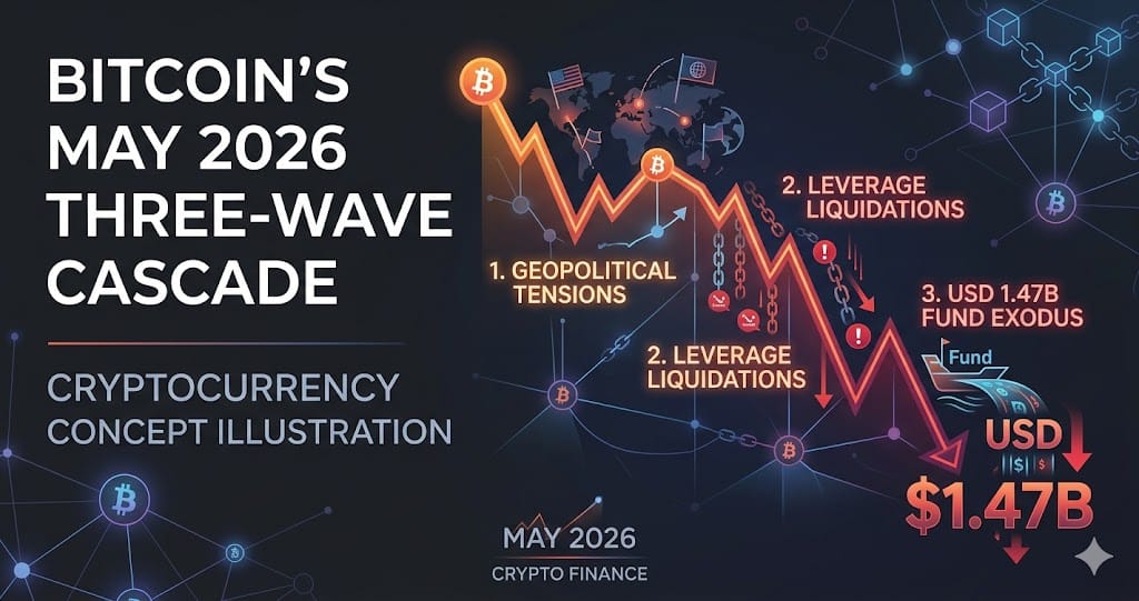 Bitcoins May 2026 Three-Wave Cascade Geopolitics Leverage and USD 1.47B Fund Exodus