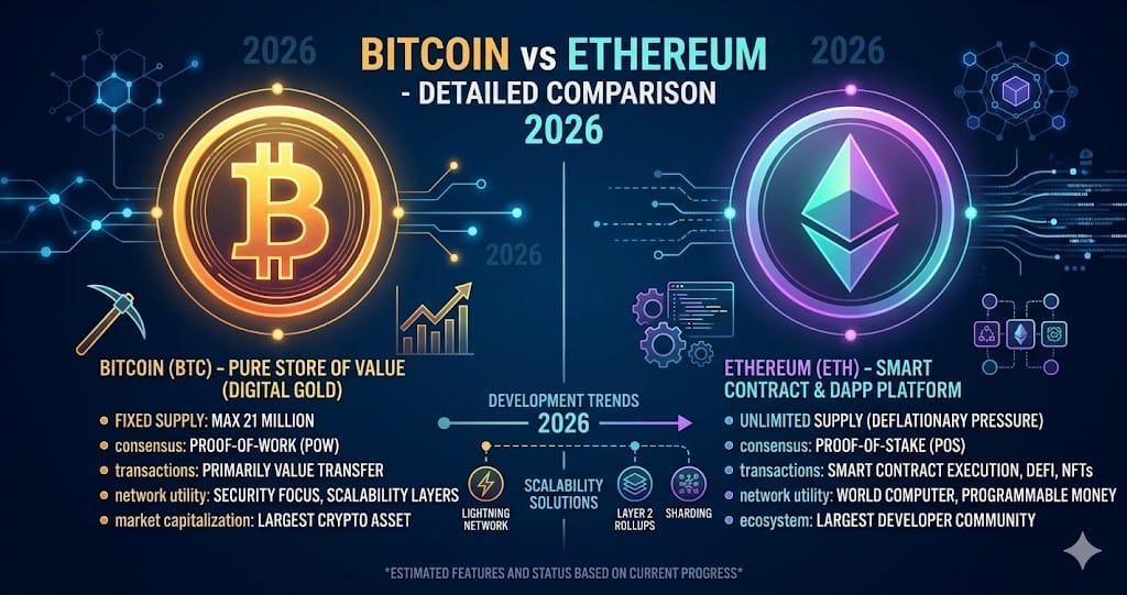 Bitcoin vs Ethereum Detailed Comparison 2026