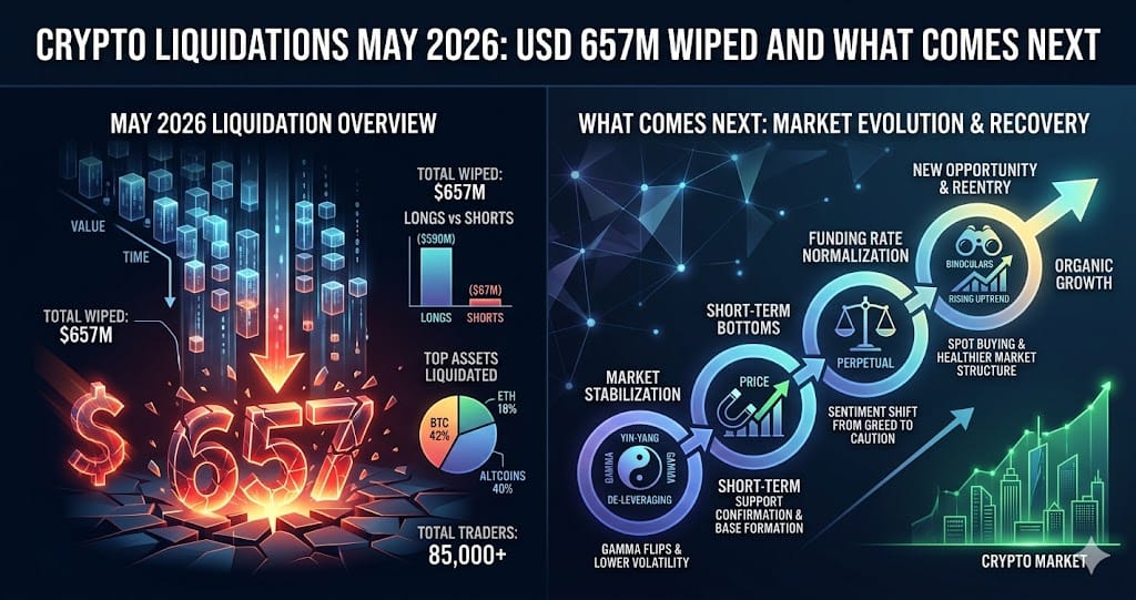 Crypto Liquidations May 2026 USD 657M Wiped and What Comes Next