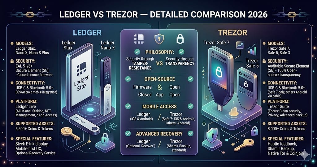 Ledger vs Trezor Detailed Comparison 2026