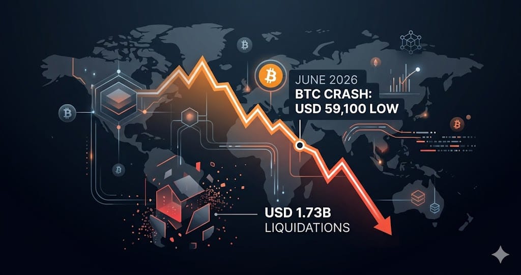 Bitcoins June 2026 Crash USD 59100 Low and USD 1.73B Liquidations