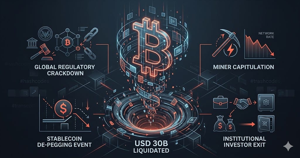 Bitcoins June 2026 Crash Four Triggers USD 30B Liquidated