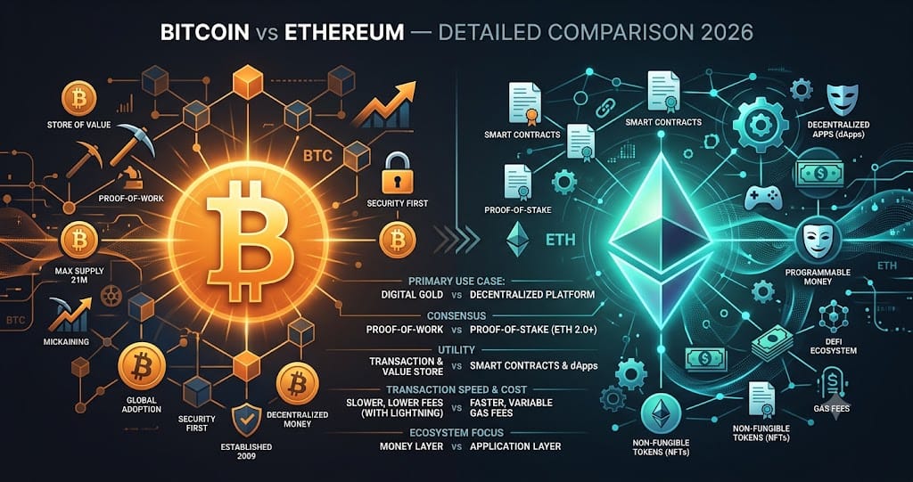 Bitcoin vs Ethereum Detailed Comparison 2026