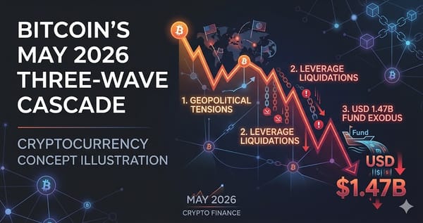 Bitcoins May 2026 Three-Wave Cascade Geopolitics Leverage and USD 1.47B Fund Exodus